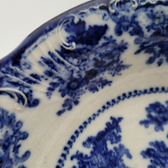 Vintage Flow Blue Serving Bowl by W. Adams & Co. in England, Fairy Villa Pattern - Picture 6 of 10